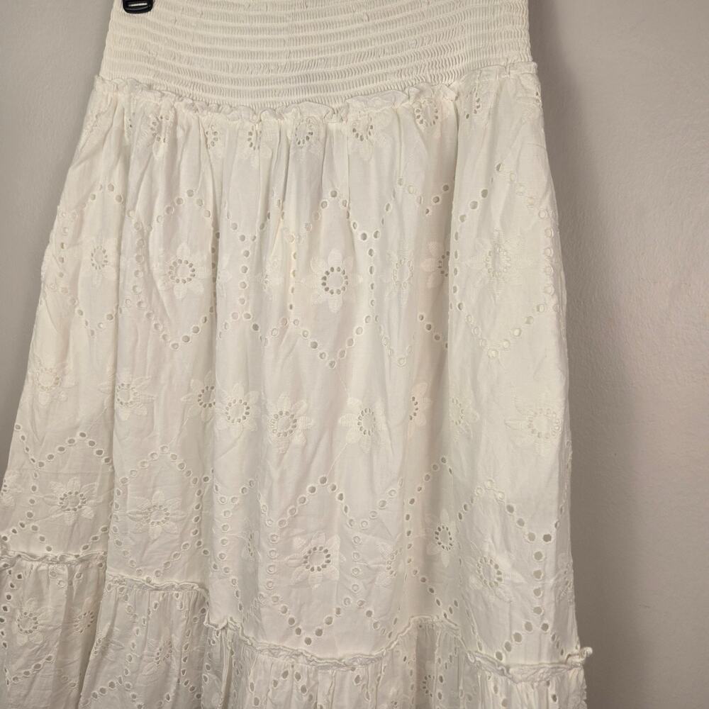 Jennifer & Grace Eyelet Cotton Skirt Women's XS White Smocked Tiered cottage NEW - Picture 3 of 8